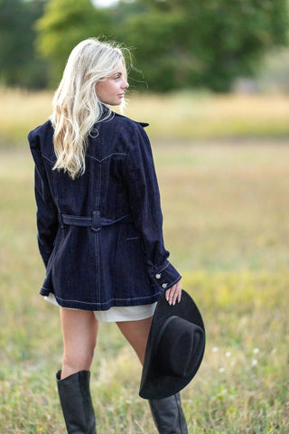 Leigh Jacket | Denim Jean Belted Jacket with Pant Set, Navy Denim Safari Jacket