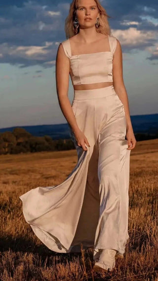 Womenswear Satin Maxi Circle Skirt with matching set crop top for bridal or special occasions by Fallon Foster