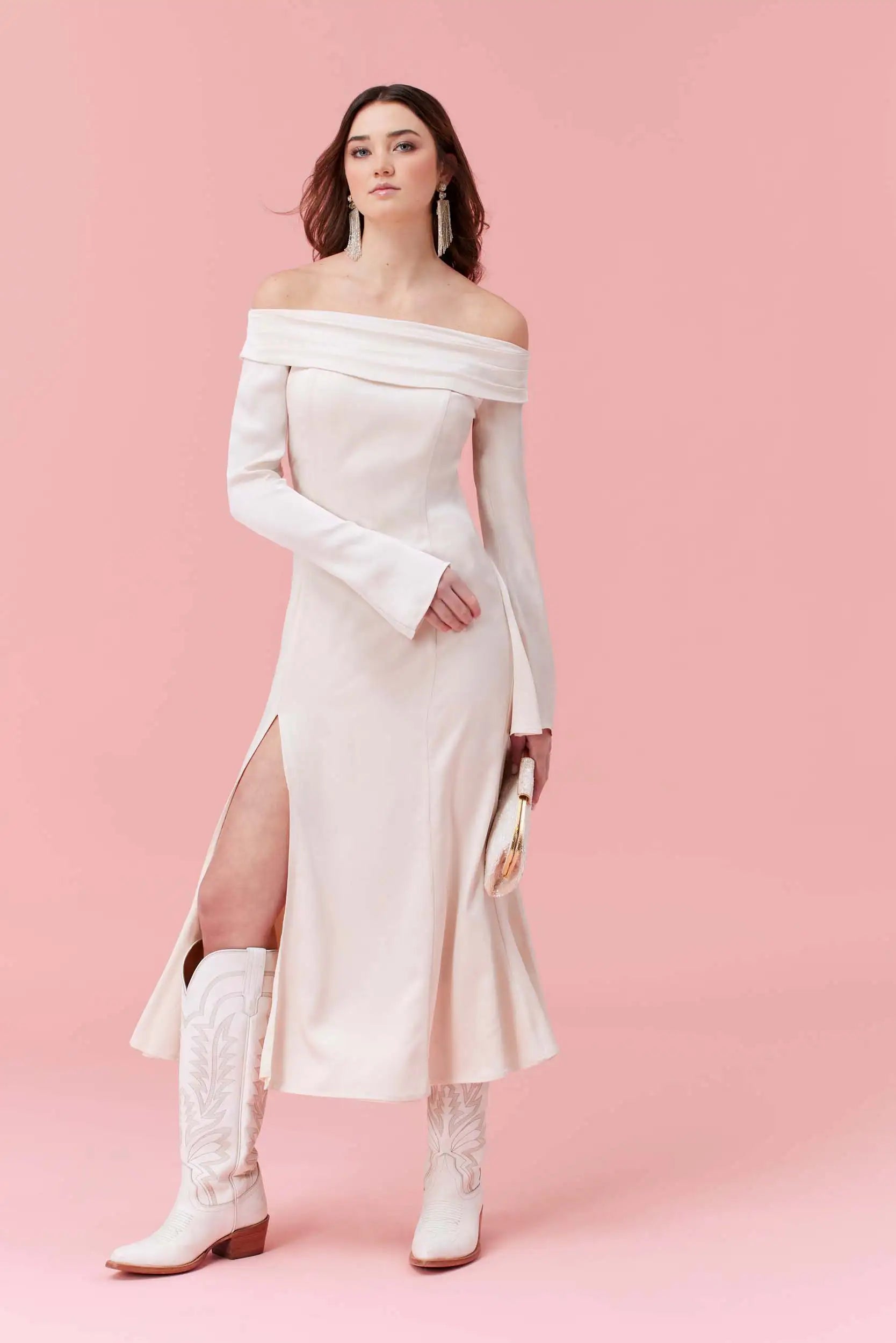 helena off shoulder dress HELENA: Satin Fit and Flare Dress with Cuffed Off the Shoulder Neckline