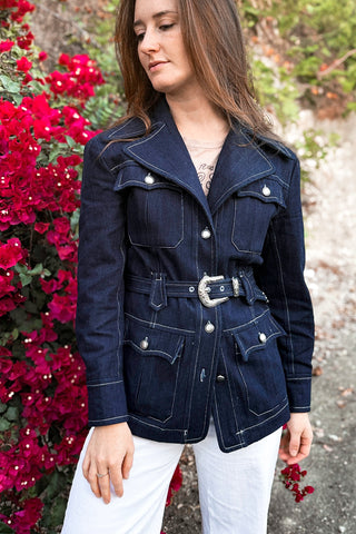 Leigh Jacket | Denim Jean Belted Jacket with Pant Set, Navy Denim Safari Jacket