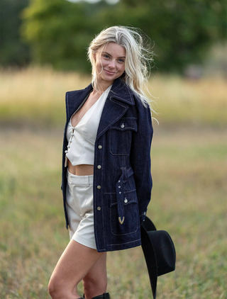 Leigh Jacket | Denim Jean Belted Jacket with Pant Set, Navy Denim Safari Jacket