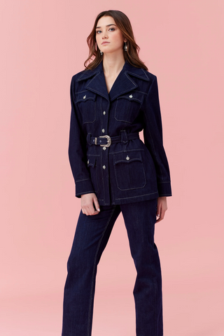 Leigh Jacket | Denim Jean Belted Jacket with Pant Set, Navy Denim Safari Jacket