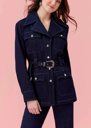 Leigh Jacket | Denim Jean Belted Jacket with Pant Set, Navy Denim Safari Jacket