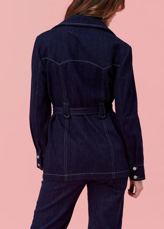 Leigh Jacket | Denim Jean Belted Jacket with Pant Set, Navy Denim Safari Jacket