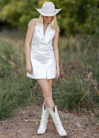 CJ Dress | Disco Cowgirl Party Dress with Halter Neck in White Sequin