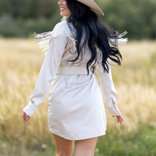 Texaco Dress | Fallon Foster Collections, Stagecoach Outfit with Beaded Fringe, Jacket Dress in white satin