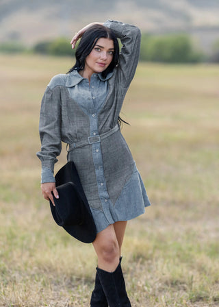 Tuni Dress | 2-Tone Denim Belted Chambray Jacket Dress, Western Seams