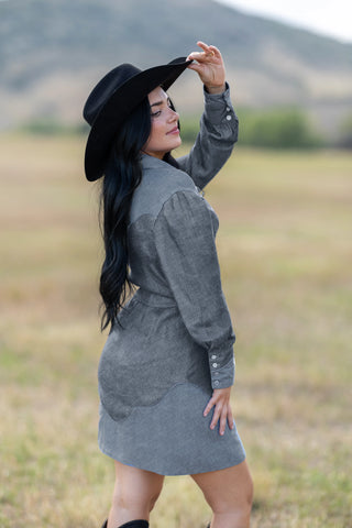 Tuni Dress | 2-Tone Denim Belted Chambray Jacket Dress, Western Seams