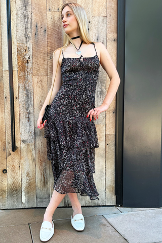 Telluride Dress | Drop-waist Floral Chiffon Dress with Ruffle Skirt, black base floral print