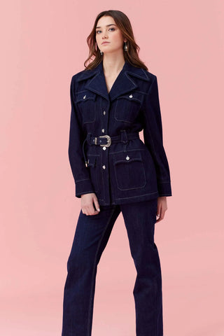 Leigh Jacket | Denim Jean Belted Jacket with Pant Set, Navy Denim Safari Jacket