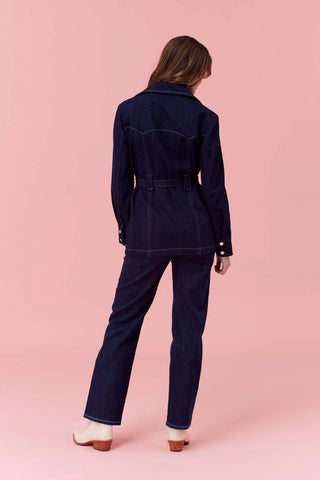 Leigh Jacket | Denim Jean Belted Jacket with Pant Set, Navy Denim Safari Jacket