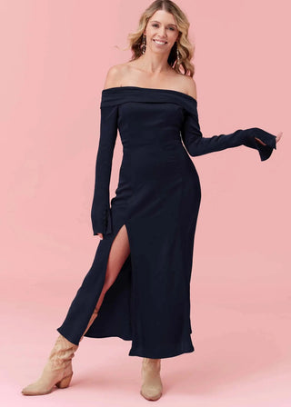 Womens Guest of Wedding and Special Occasion Navy Dress in Satin at Midi Length Off-shoulder