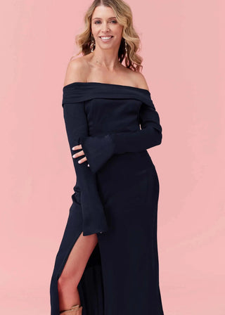 Womens Guest of Wedding and Special Occasion Navy Dress in Satin at Midi Length Off-shoulder