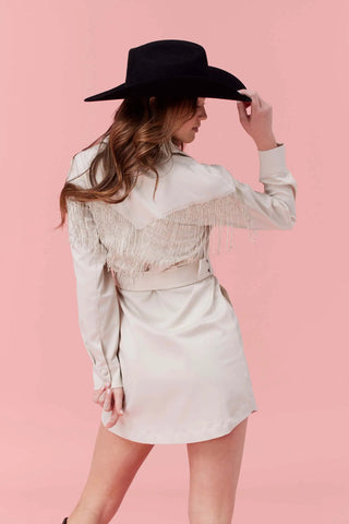 Texaco Dress | Beaded Fringe Dress in White Satin, Jacket Dress for Party, Cowgirl Disco Outfit