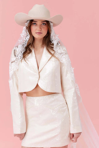 White Sequin Cropped Blazer for Bridal Occasions and Cowgirl Disco Partywear by Fallon Foster Collection