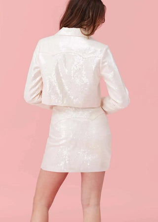 White Sequin Cropped Blazer and Skirt Set for Bridal Occasions and Cowgirl Disco Partywear by Fallon Foster Collection